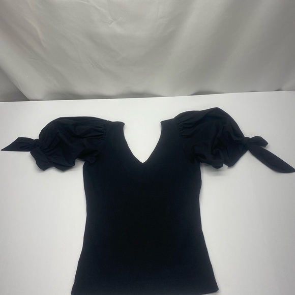 Anthropologie Maeve Women’s Black Puff Sleeve Blouse SM Double V Neck - Picture 9 of 13